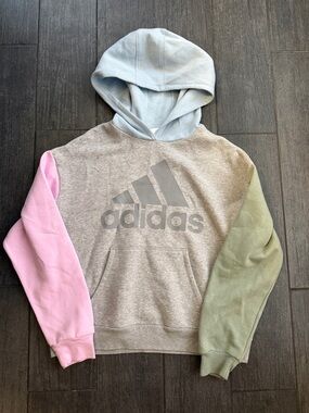 🔥 adidas Heather Gray Hoodie with Pink, Blue & Green Colorblock Sleeves